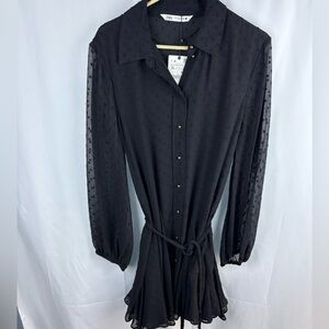 New ZARA Black Long Sleeve Short Plumetis Dress